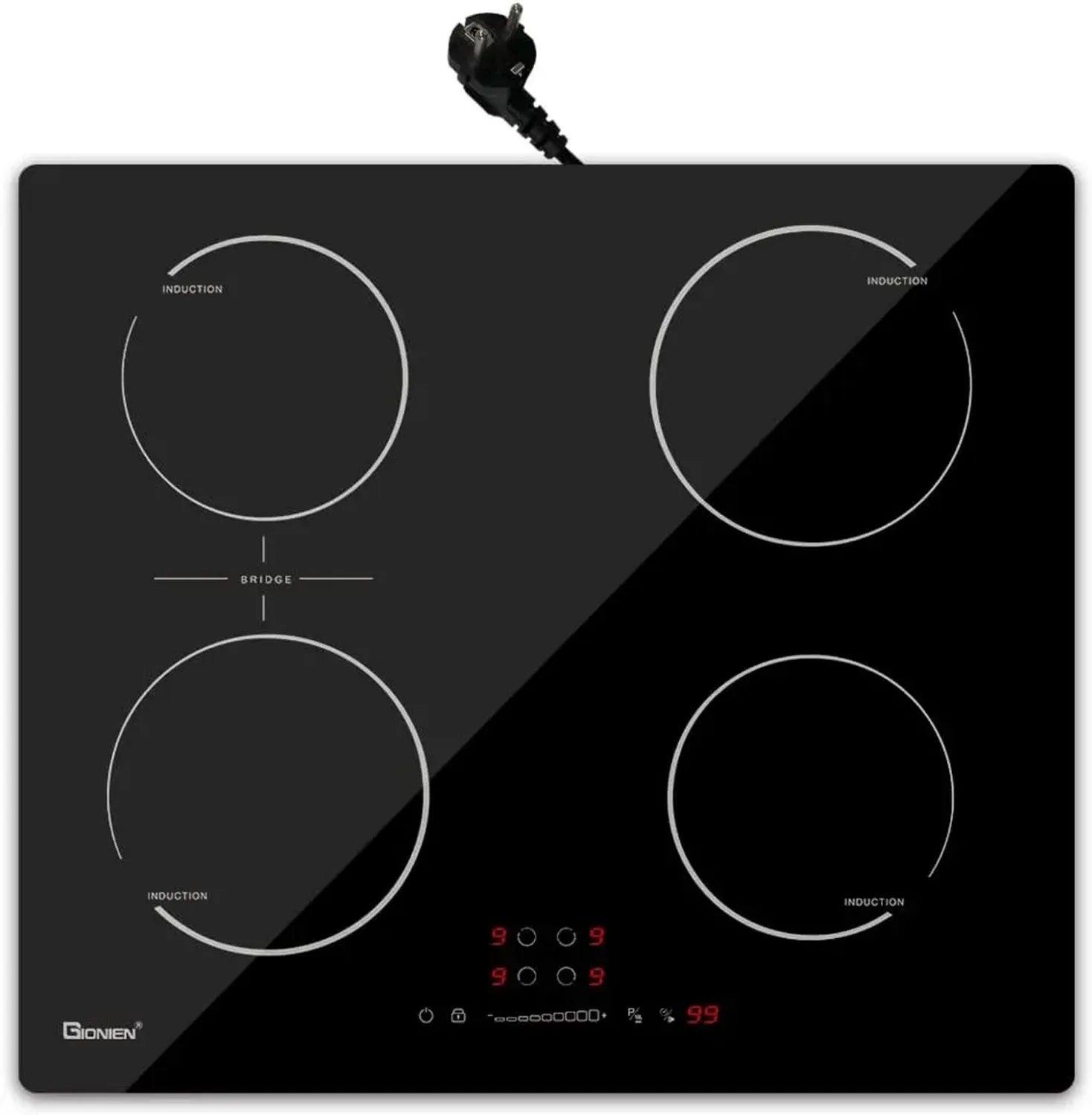 GIONIEN 60cm Induktionskochfeld mit Stecker, 4 Zonen, Brückenfunktion, 2800W