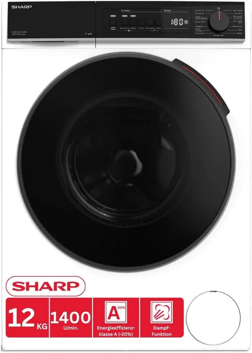 Sharp 12 kg Waschmaschine, Inverter, WiFi, Dampf, Schnellprogramm, Energieklasse A, Weiß