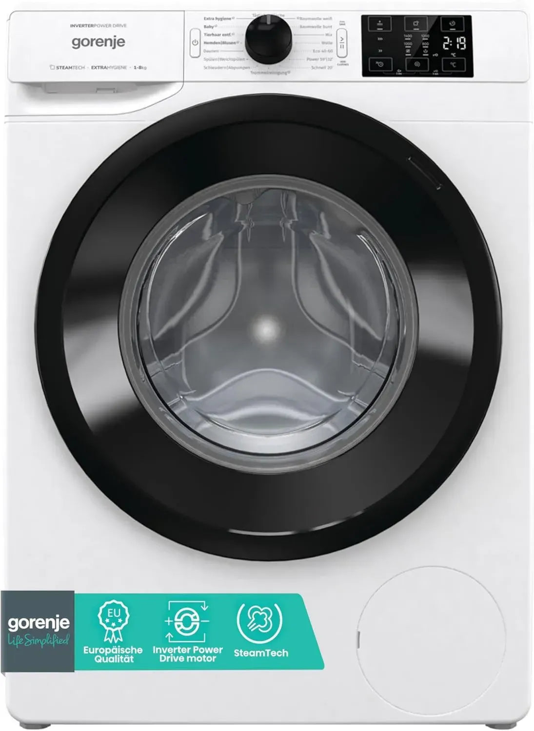 Gorenje Waschmaschine 8 kg, 1400 U/Min, Dampffunktion, AquaStop, Inverter Motor, Edelstahltrommel, Kindersicherung, Energieklasse A, Weiß