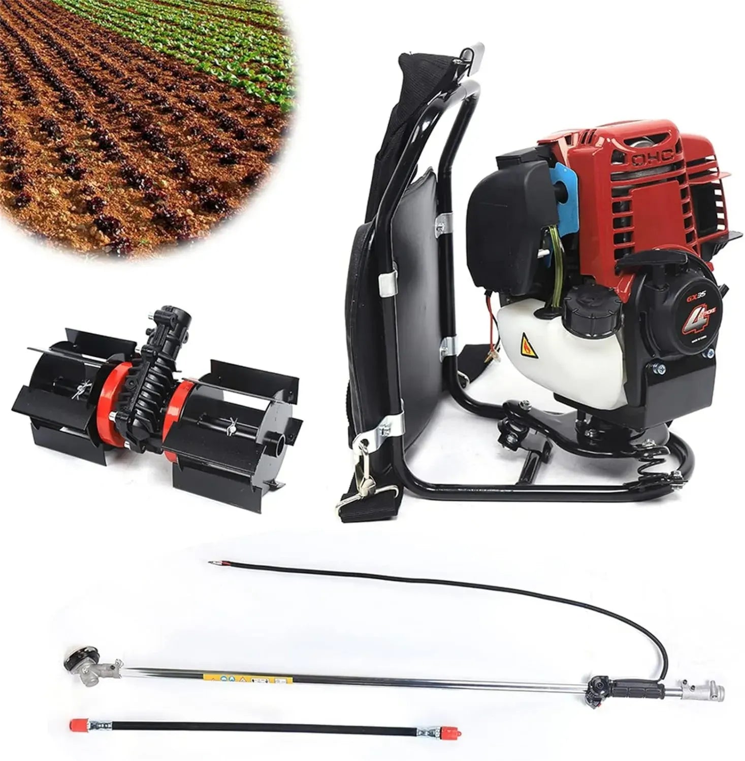 Multifunktionale 3-in-1 Benzin-Motorsense mit 4-Takt-Motor, rückentragbar, 35,4cc, Rasentrimmer und Heckenschere, luftgekühlt, mit Profi-Tragegurt und Antivibrationssystem