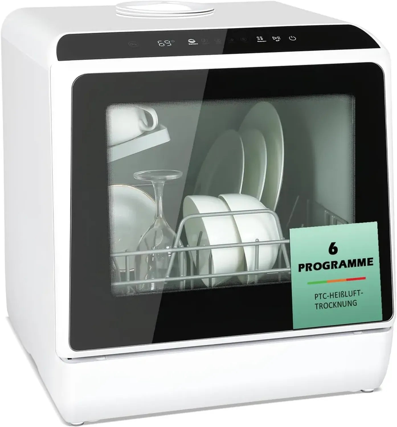 Kompakte Mini Geschirrspüler mit 6 Programmen, Tischgerät für 4 Maßgedecke, ohne festen Wasseranschluss, 5L integrierter Wassertank, Touch-Bedienung und LED-Anzeige, ideal für Zuhause, Büro und Camping