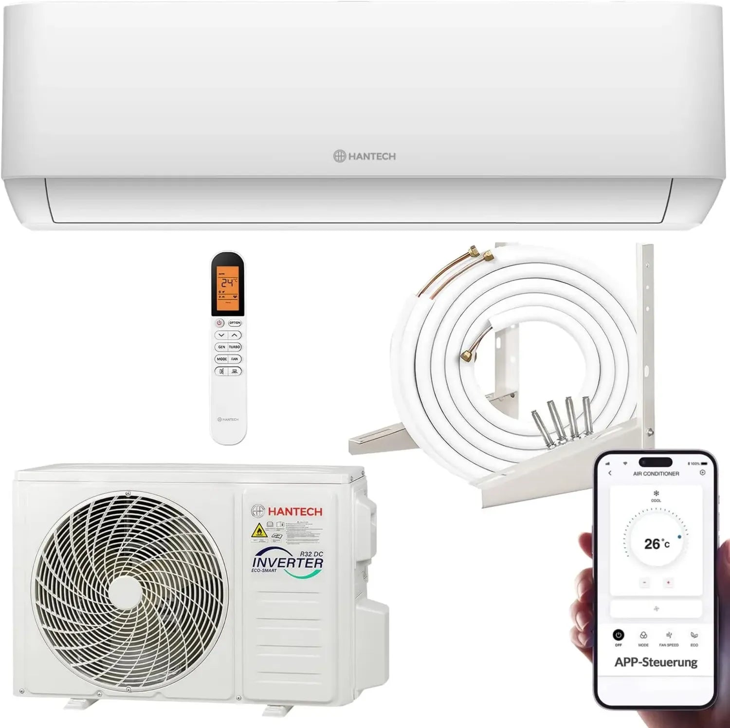 HANTECH H-PRO 12000 BTU Split-Klimaanlage mit Heiz- & Kühlfunktion, Luftfilter, WLAN, inkl. Montagezubehör, Weiß, für Räume bis 45m²