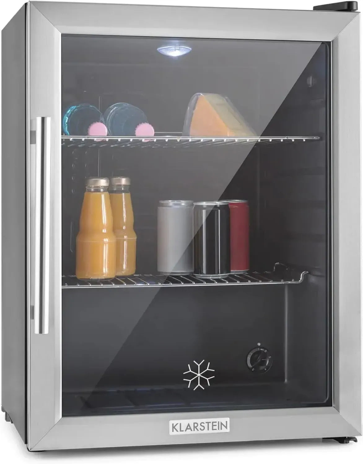 Klarstein Silberner Mini-Kühlschrank, 60L, Geräuschloser Getränkekühler mit Glastür, Ideal für Büro und Camping