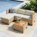 3-tlg. Rattan Gartenset für 4 Personen mit Beigen Kissen & Holztisch, L-förmiges Sofa für Terrasse & Balkon