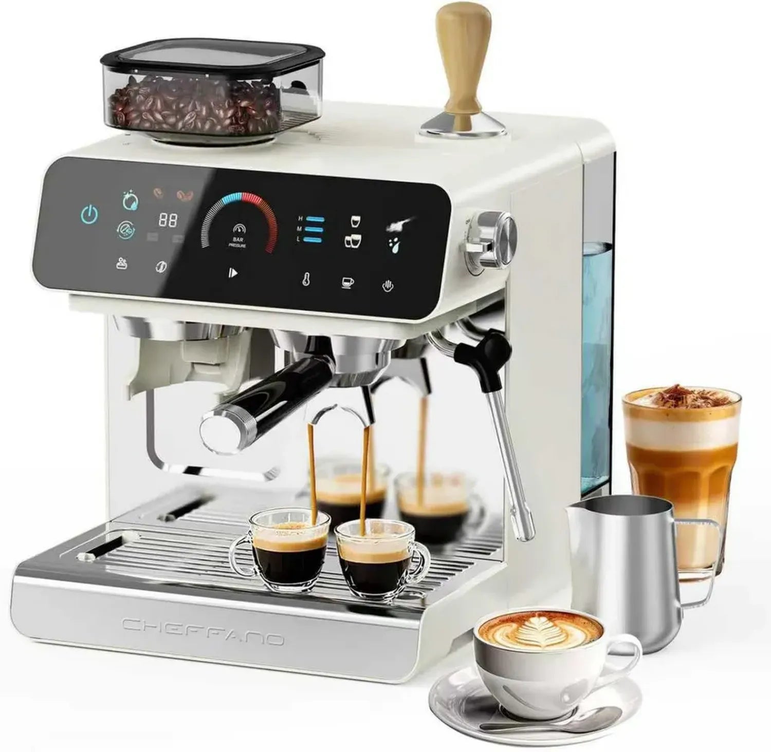 CHEFFANO Siebträgermaschine mit Mühle, 20 Bar, Touchscreen, für Latte & Cappuccino