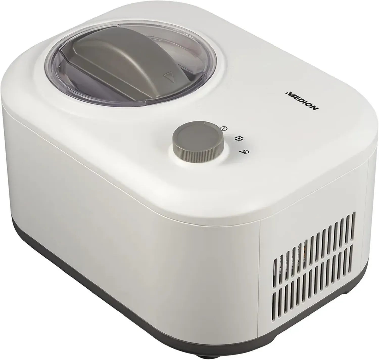 MEDION Kompressor-Eismaschine, 1L Kapazität, 100W Leistung, Aluminiumbehälter, max. 60 Min. Zubereitung