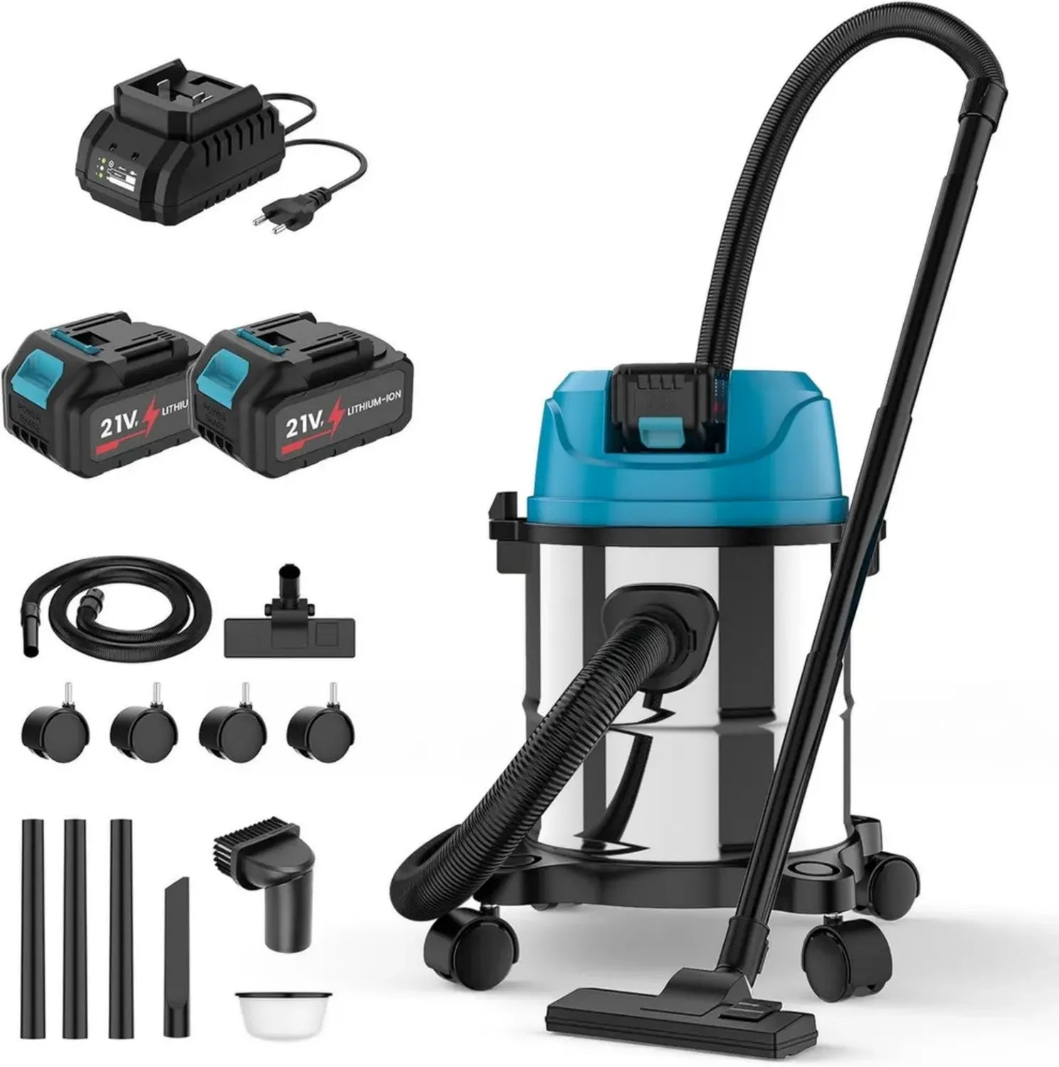 Industrieller Nass-Trockensauger kompatibel mit Makita 18V, 15L Edelstahltank, Patronenfilter & Zubehörset, ideal für Zuhause und Werkstatt, inkl. 3000mAh Akku*2