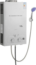 Tragbarer LPG-Gasdurchlauferhitzer 12L mit Duschkopf für Camping und Wohnmobile, Silber