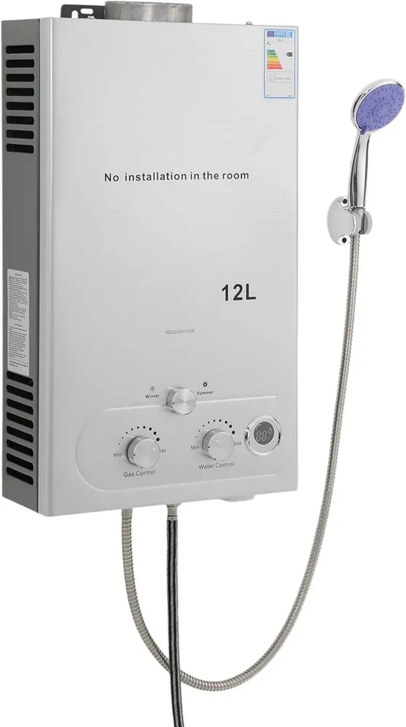 Tragbarer LPG-Gasdurchlauferhitzer 12L mit Duschkopf für Camping und Wohnmobile, Silber