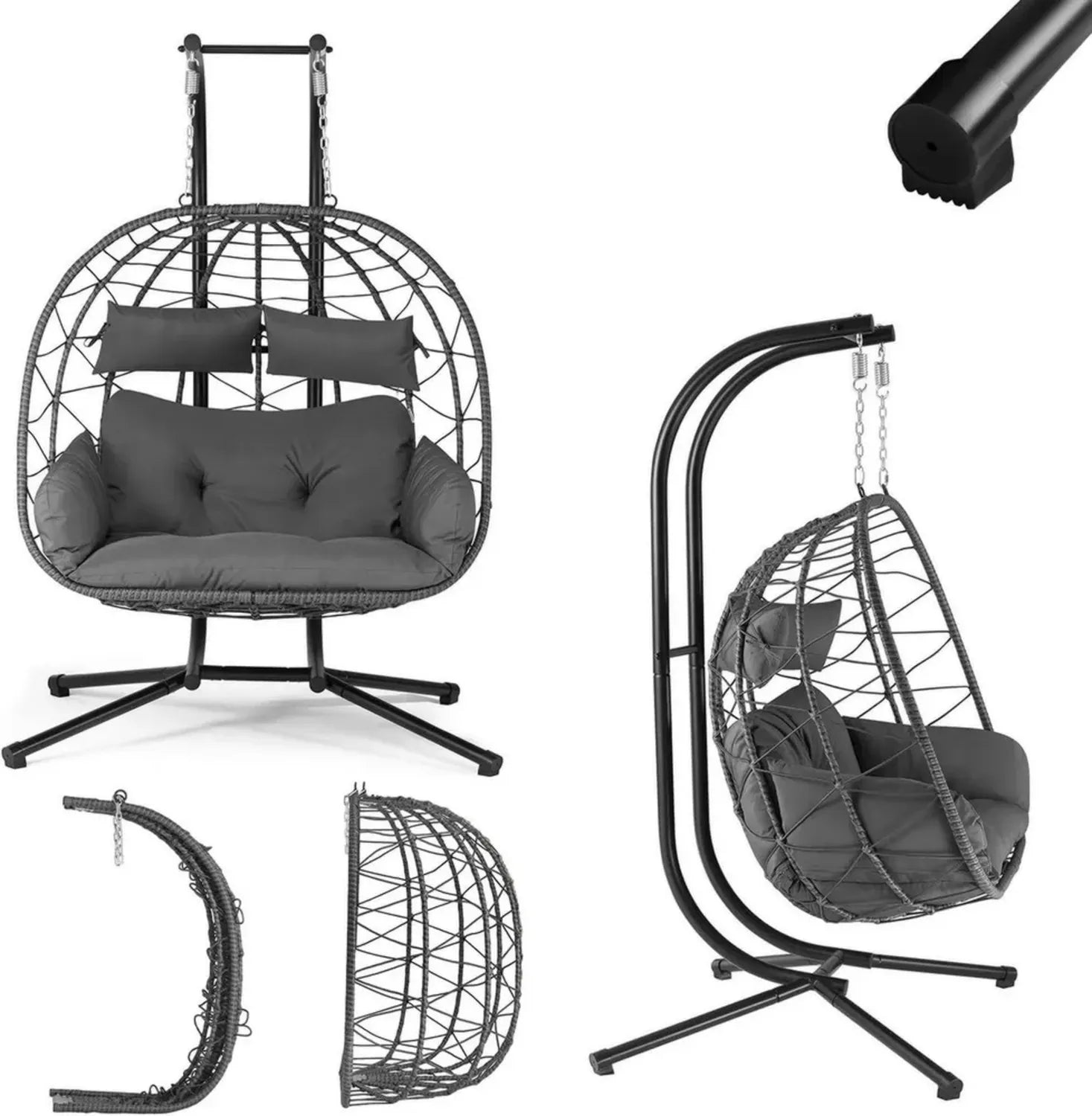 Juskys® Aria Doppel-Hängesessel für Zwei – Rattan-Sessel mit Gestell & Kissen – Ideal für Innen und Außen – Großes Modell in Grau
