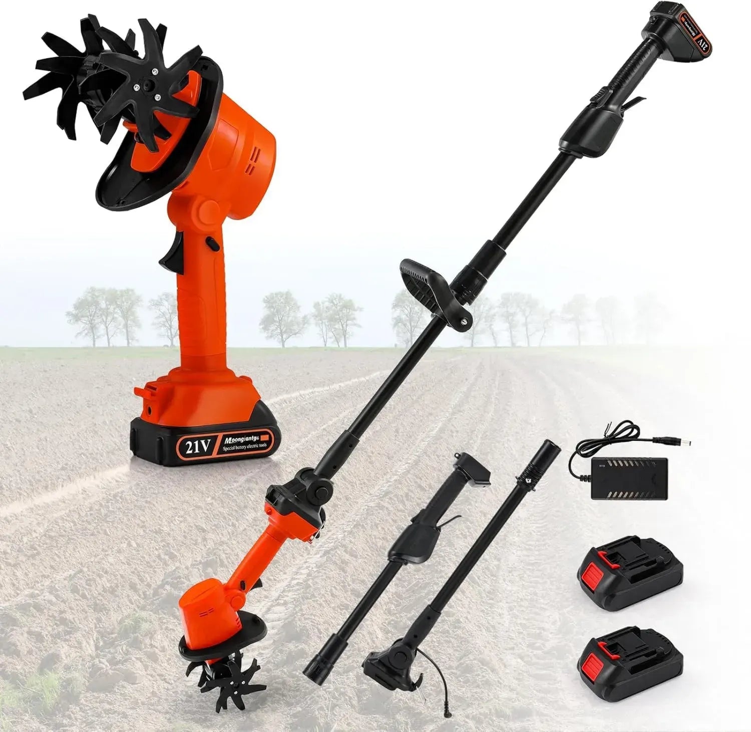 Elektrische Gartenfräse mit Akku, 2-in-1 Bodenbearbeitung und Unkrautentfernung, 21V Dual-Akku, 4 gehärtete Stahlmesser, 10cm Arbeitstiefe