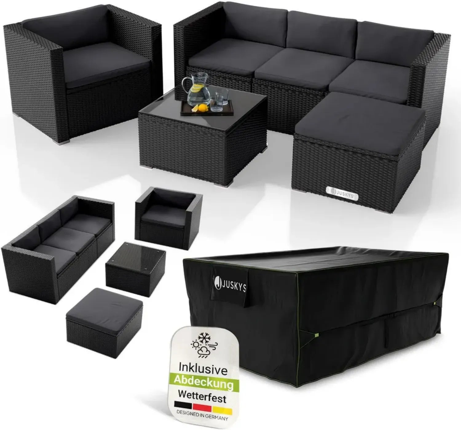 Polyrattan Lounge Set Punta Cana für 4-5 Personen mit Abdeckung – Inkl. Sofa, Sessel, Hocker, Tisch & Kissen – Wetterfeste Gartenmöbel für Terrasse & Balkon - Schwarz/Creme