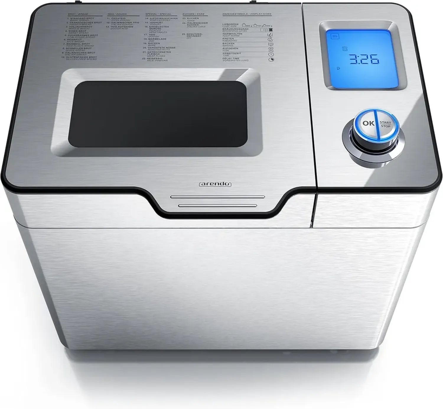 Arendo Brotbackautomat mit automatischem Zutatenfach, 25 Programmen, Joghurtfunktion, 1 kg Fassungsvermögen, glutenfreies Backen, Direktantrieb, Antihaftbeschichtung, BPA-frei