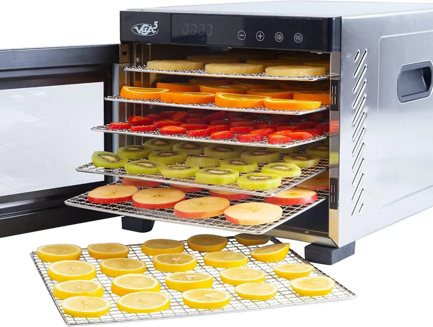 Vita5 Edelstahl Dörrgerät mit 6 Etagen, 650W, LED-Anzeige & 24h Timer – Temperaturkontrolle 35–75°C, leise & effizient für Obst, Gemüse, Fleisch & Kräuter
