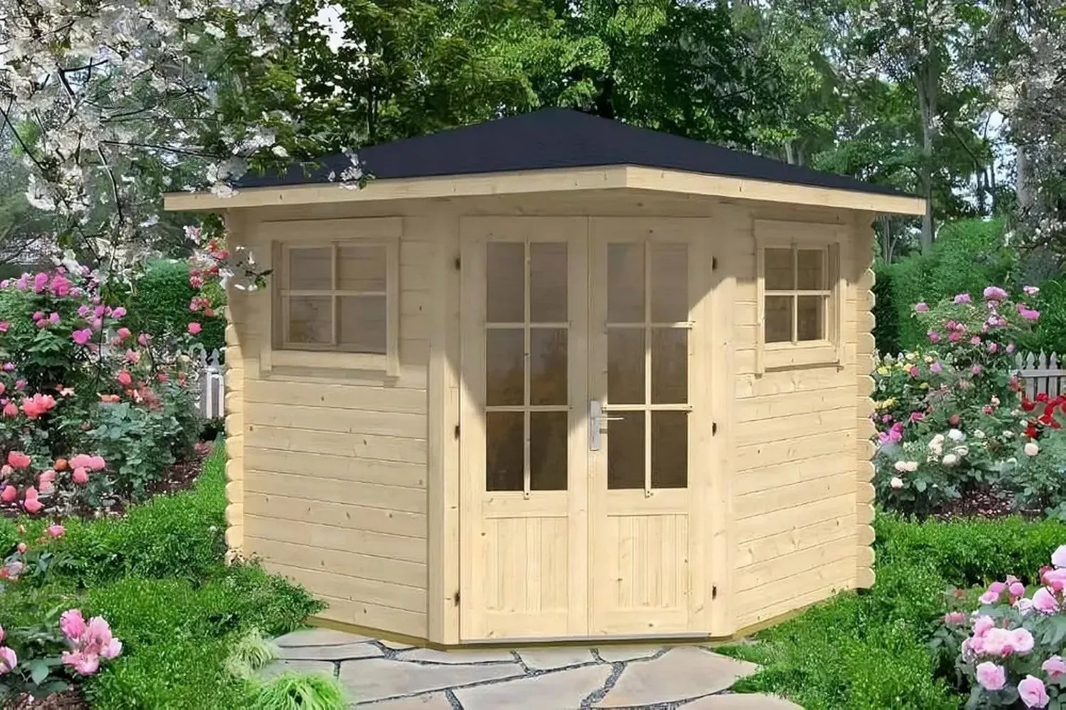 Fünfeckiges Gartenhaus Sunny-B aus naturbelassenem Holz, 250x250 cm, 28 mm Wandstärke, Spitzdach