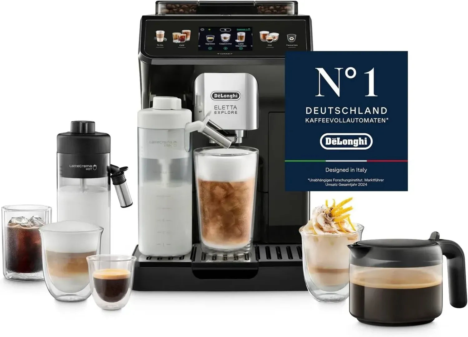 De'Longhi Eletta Explore Kaffeevollautomat - 50 Getränke mit LatteCrema und Kaltbrühfunktion, Touchscreen, Dunkelgrau