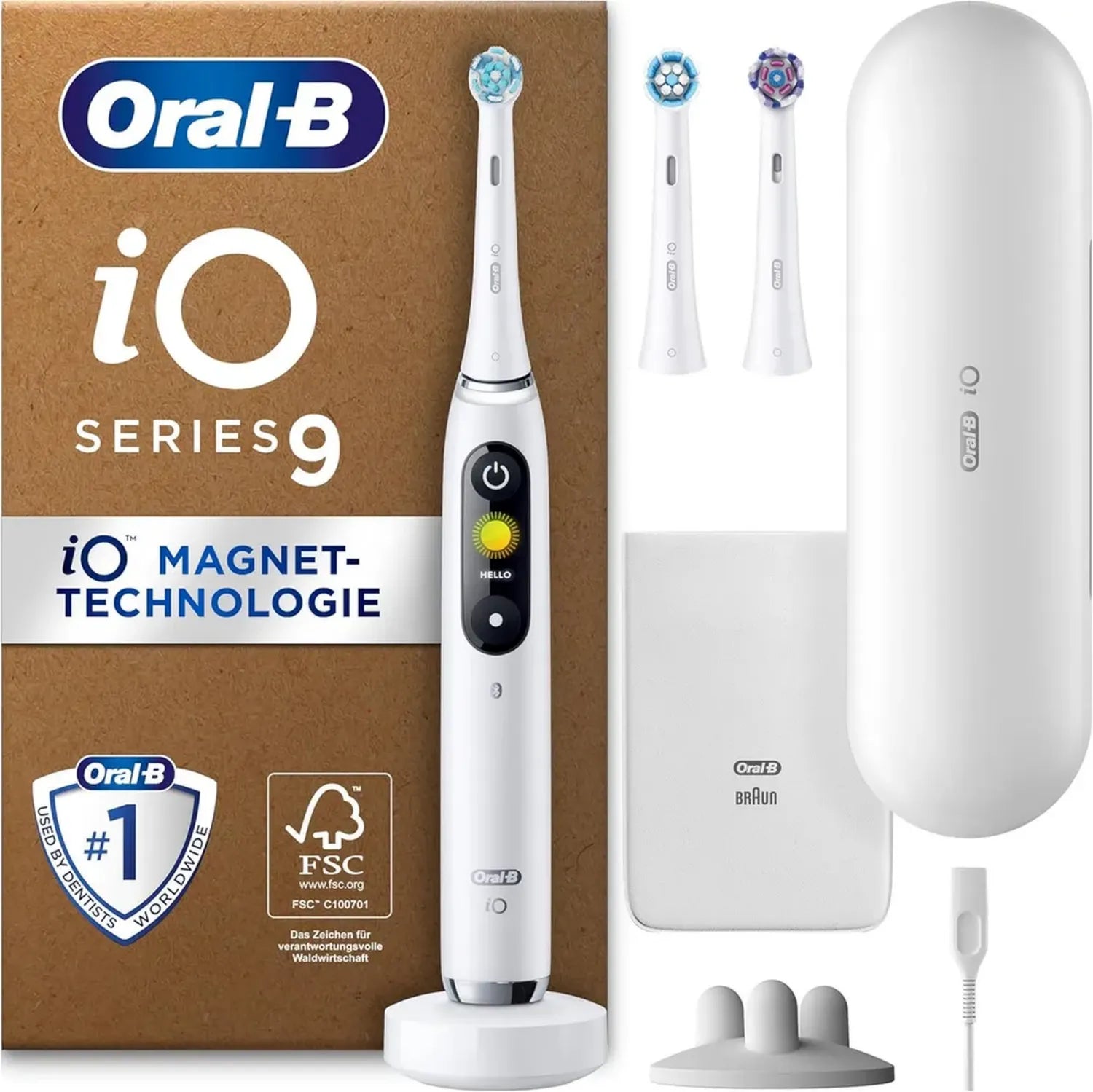 Oral-B iO Series 9 Plus Elektrische Zahnbürste mit 3 Bürstenköpfen, 7 Putzmodi, Reise-Etui, Weiß