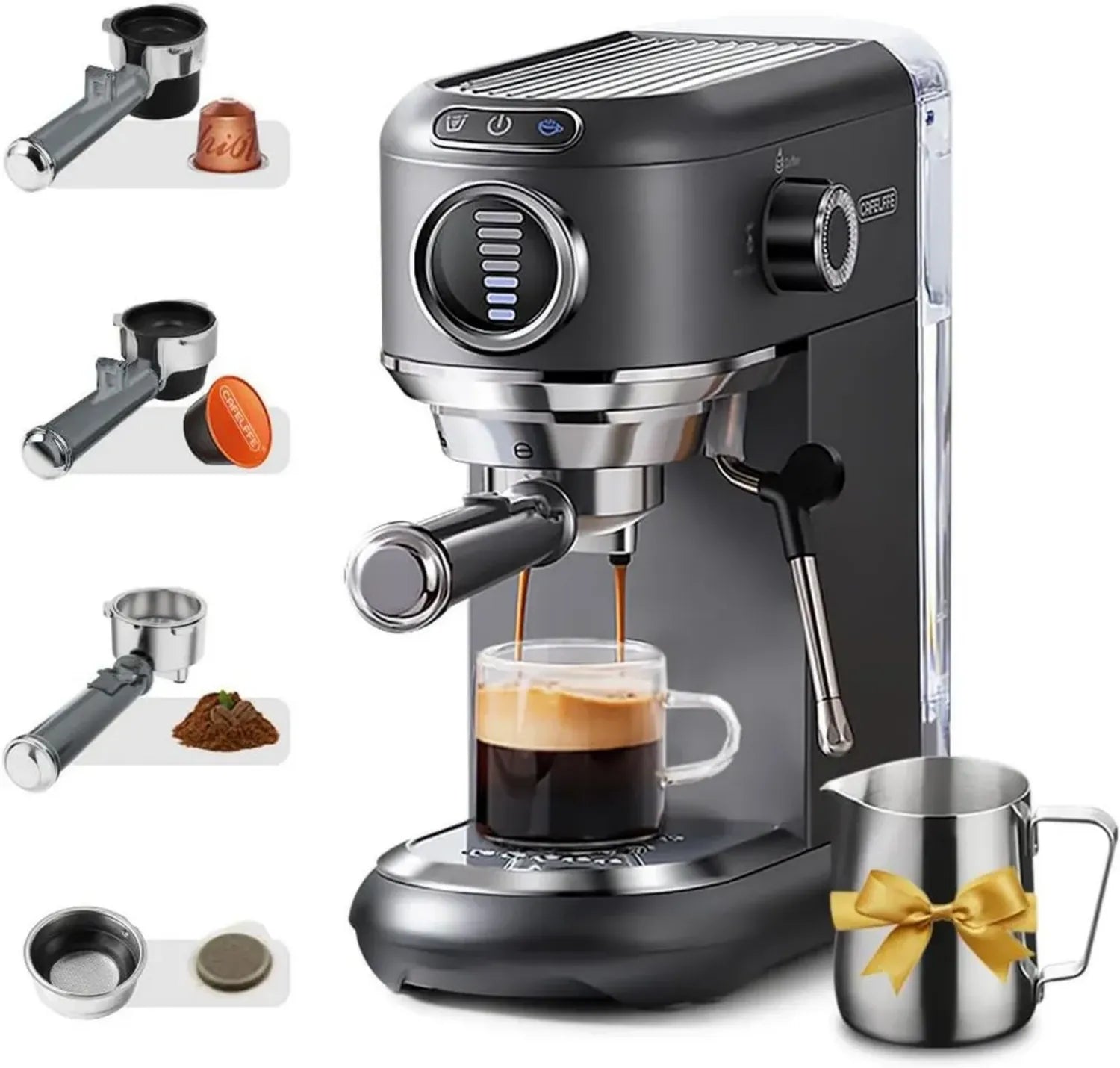 CAFELFFE Kaffeemaschine mit Milchaufschäumer, vielseitige Espressomaschine für Kaffeevielfalt, kompatibel mit Kapseln und Pads, stufenlose Mengenauswahl, Grau