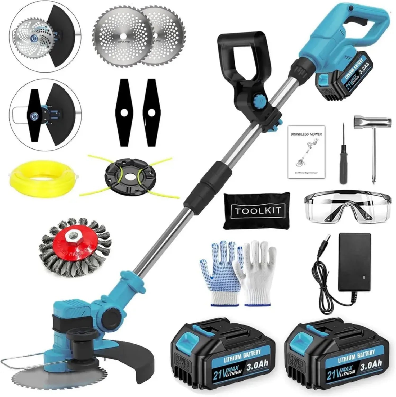 Kabelloser Rasentrimmer kompatibel mit Makita Akkus, 4-in-1 Freischneider mit 21V Batterien und verstellbarem Griff, inklusive 4 Klingentypen
