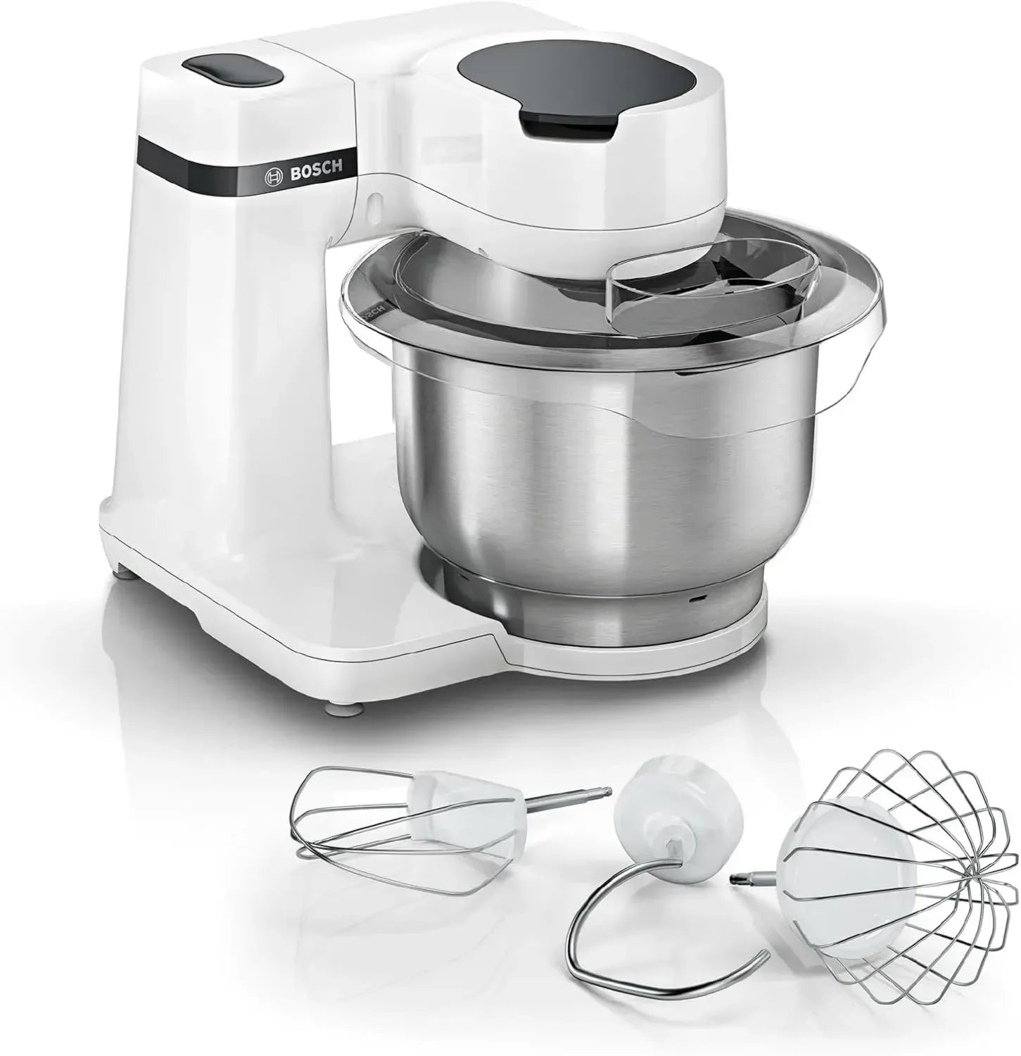 Bosch Küchenmaschine Serie 2, kompakte Küchenhilfe, 3,8 L Edelstahlschüssel, spülmaschinenfeste Knethaken und Schlagbesen, 4 Geschwindigkeiten, 700W, Weiß