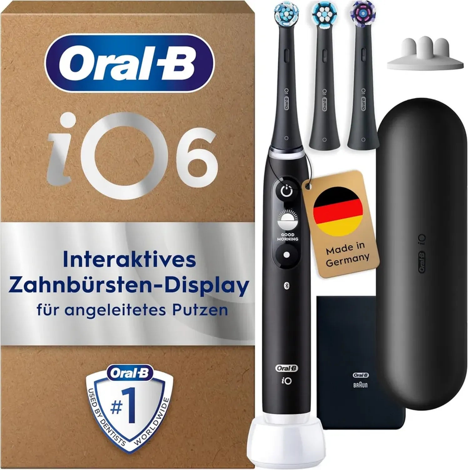 Oral-B iO Serie 6 Plus Elektrische Zahnbürste, 3 Bürstenköpfe, 5 Reinigungsmodi, Reiseetui, Schwarz