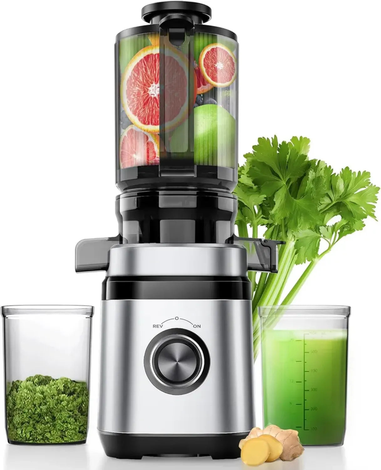 Leiser Slow Juicer Entsafter, 350W, Große Einfüllöffnung, Elektrisch, Silber