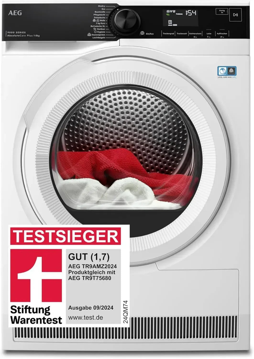 AEG Wärmepumpentrockner 8 kg, Serie 9000 AbsoluteCarePlus, Testsieger Stiftung Warentest, Daunentrocknung, 3D-Feuchtigkeitsmessung, Knitterschutz, LED-Trommelbeleuchtung, Energieklasse C