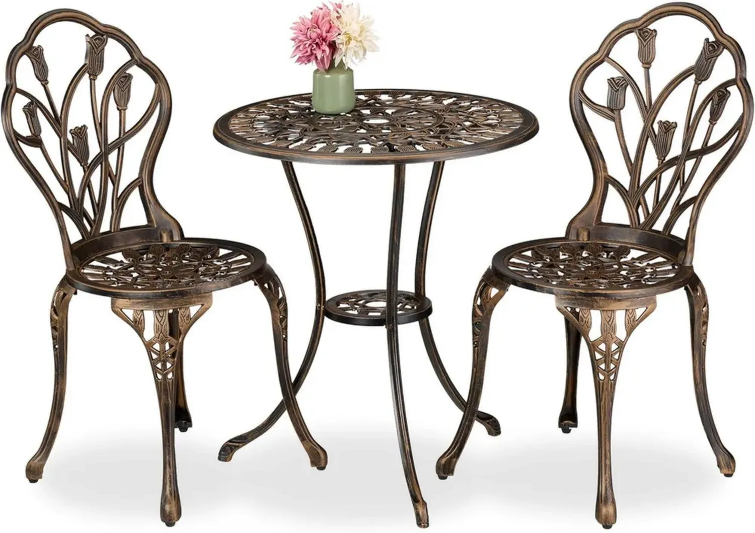 3-teiliges Gartenmöbel-Set: Tisch und 2 Stühle im Antikdesign aus Aluminiumguss, Balkonmöbel in Schwarz/Bronze