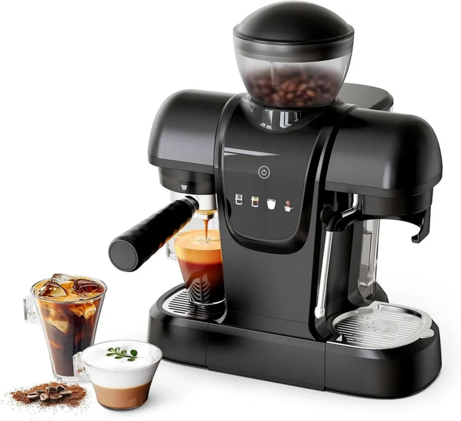 Espressomaschine mit integriertem Mahlwerk, 2-in-1 Kaffee- und Milchschaumzubereiter, Touch-Display, abnehmbarer Wassertank, schwarz