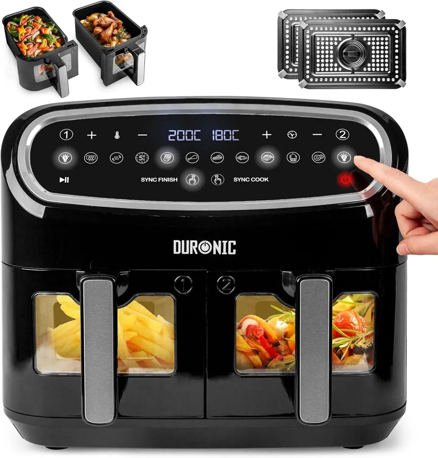 Duronic XXL Doppelkammer Heißluftfritteuse, 2400W, 10 Programme, 2x5L Körbe