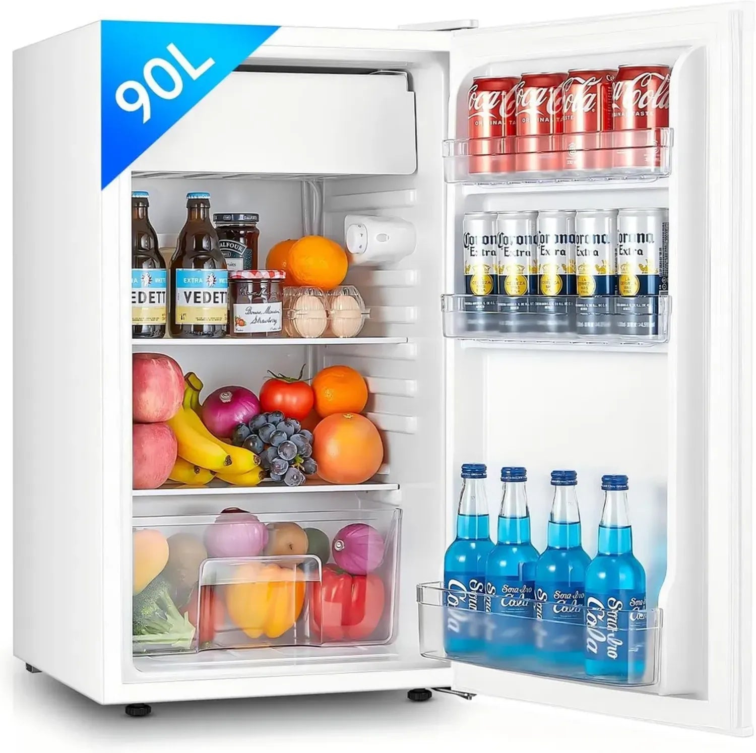 FOHERE Kompaktkühlschrank 90L | Integriertes Gefrierfach & Gemüsefach | Energieeffizient 84kWh/Jahr | Türanschlag wechselbar | Höhenverstellbare Füße | Weiß