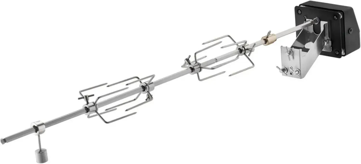 RÖSLE Rotisserie Drehspieß, robuster Grillspieß aus Edelstahl, geeignet für bis zu 10 kg, mit Elektromotor und Netzbetrieb, silber/schwarz
