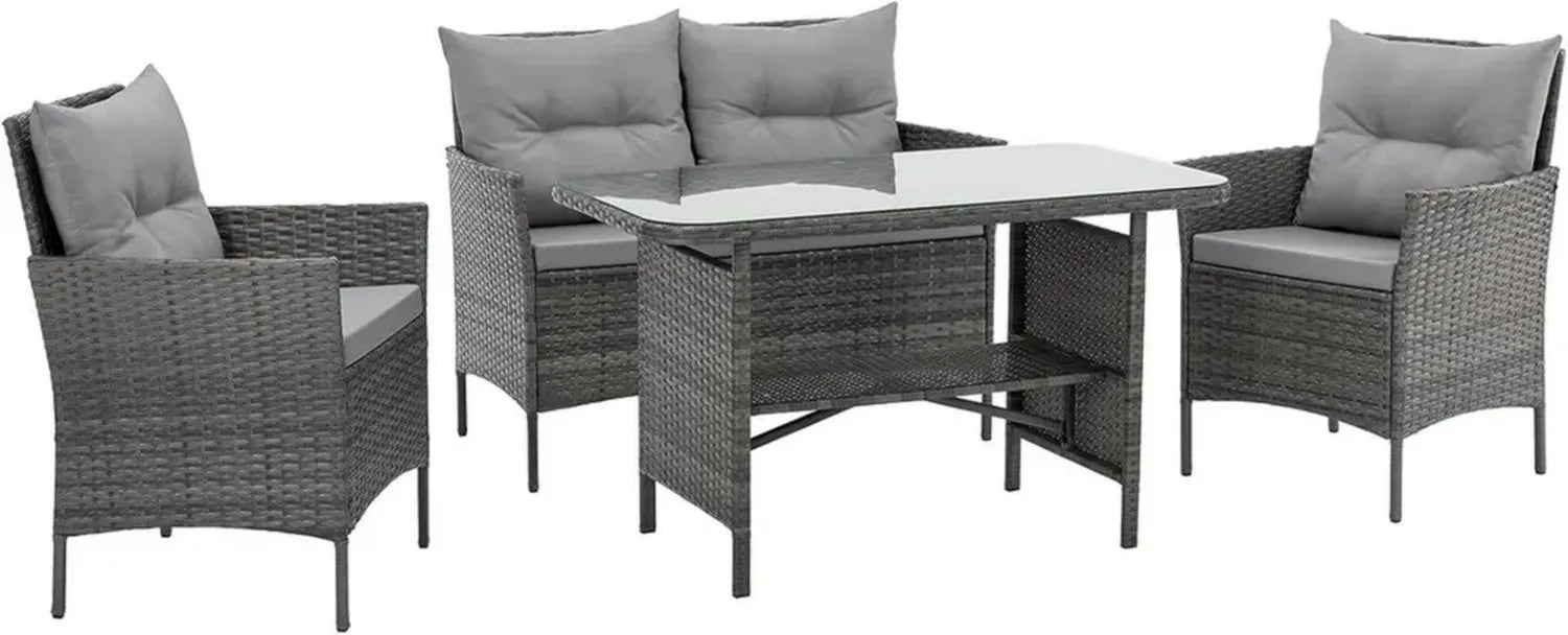 SVITA Dallas 4-teilige Gartenmöbel-Set aus Polyrattan - 2 Sessel, 2er-Sofa und Esstisch, wetterfest, Stahlrahmen, inklusive grauer Sitzkissen