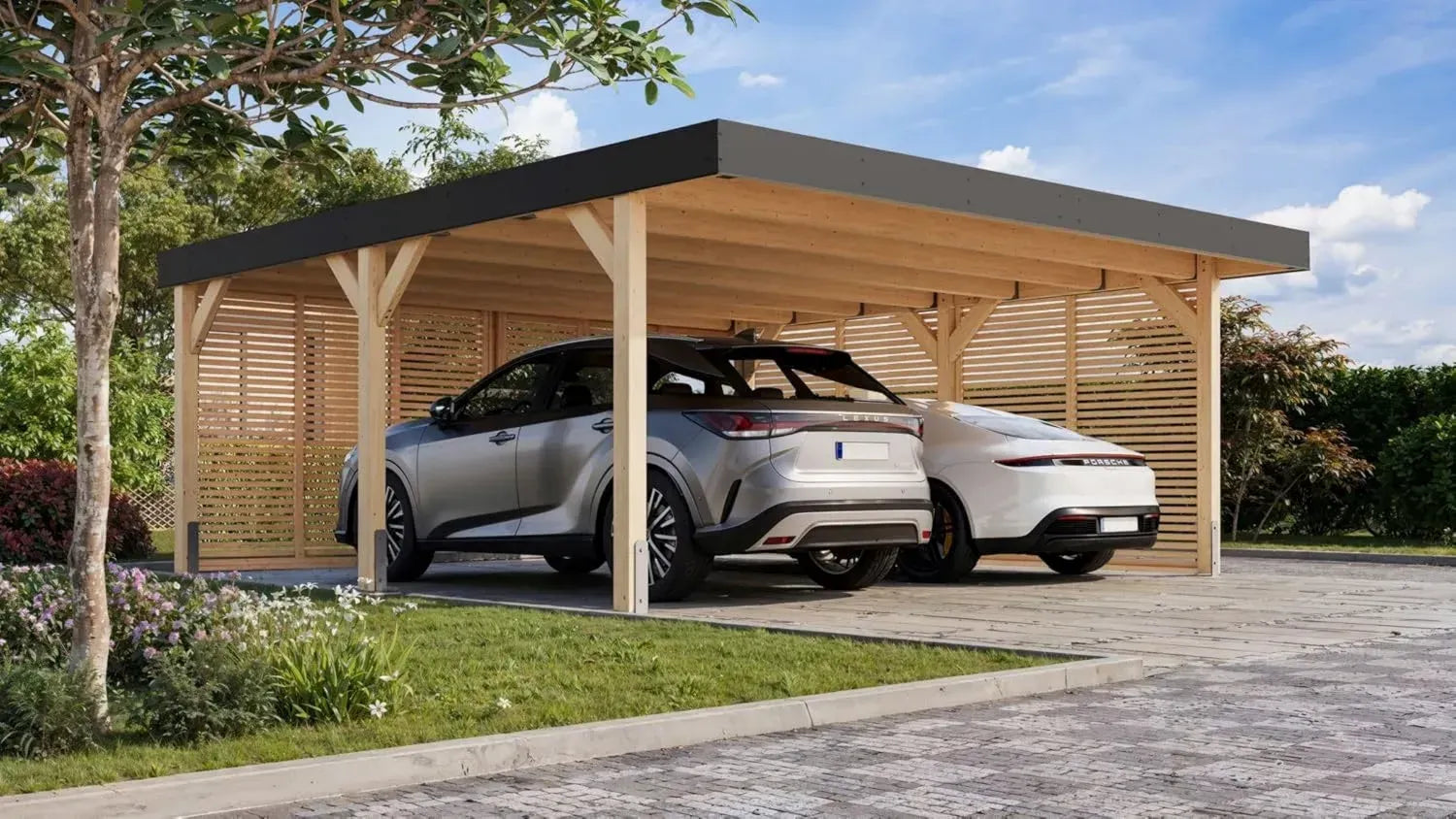 Geräumiges Karibu Leimholz-Carport mit flexiblen Stellplatzoptionen und Seitenwänden