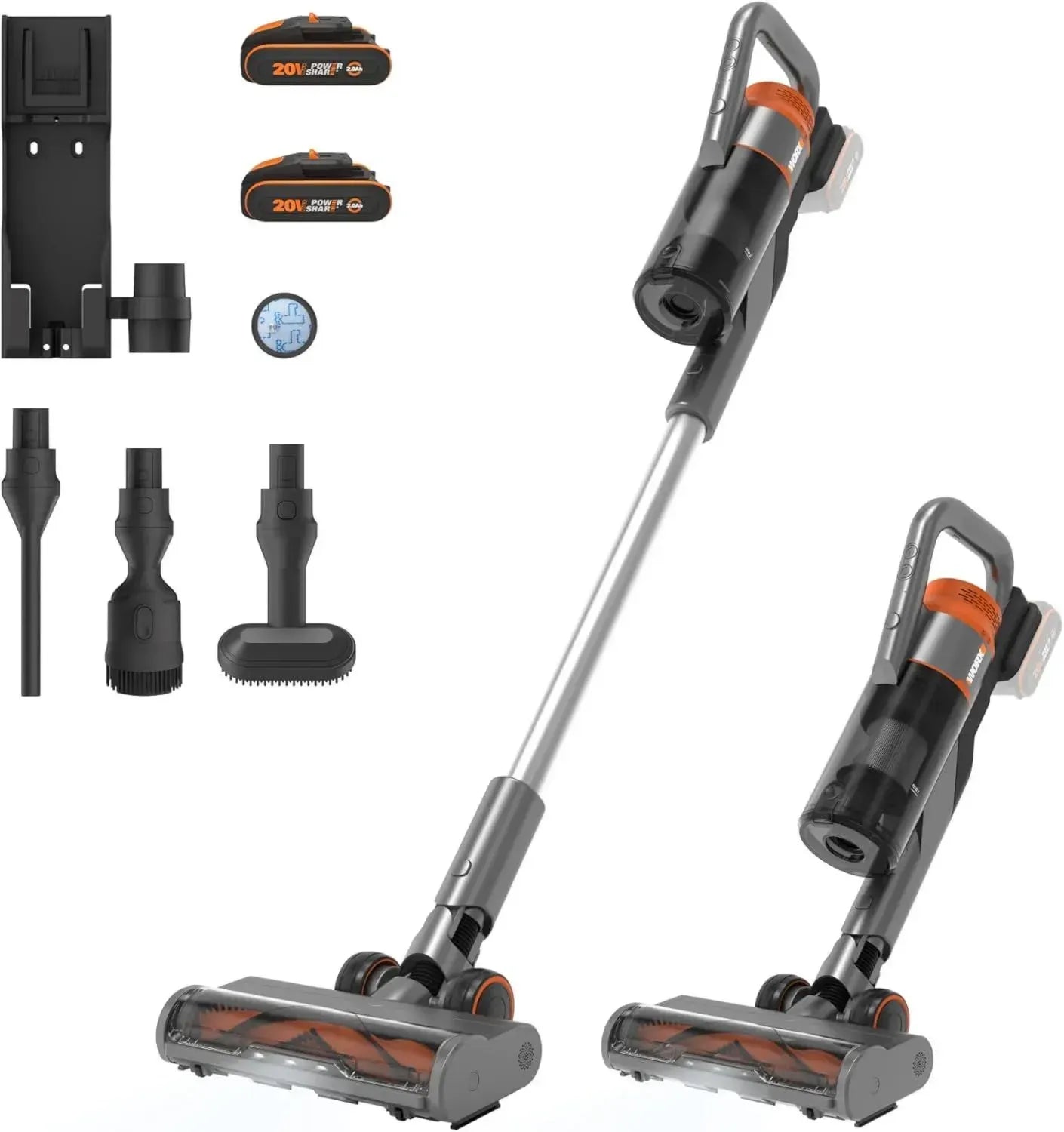 WORX 20V Kabelloser Handstaubsauger mit 25Kpa Saugkraft, 45 Minuten Laufzeit, ideal für Tierhaare, Teppiche und Autos, inklusive 2 PowerShare Akkus und Wandladestation
