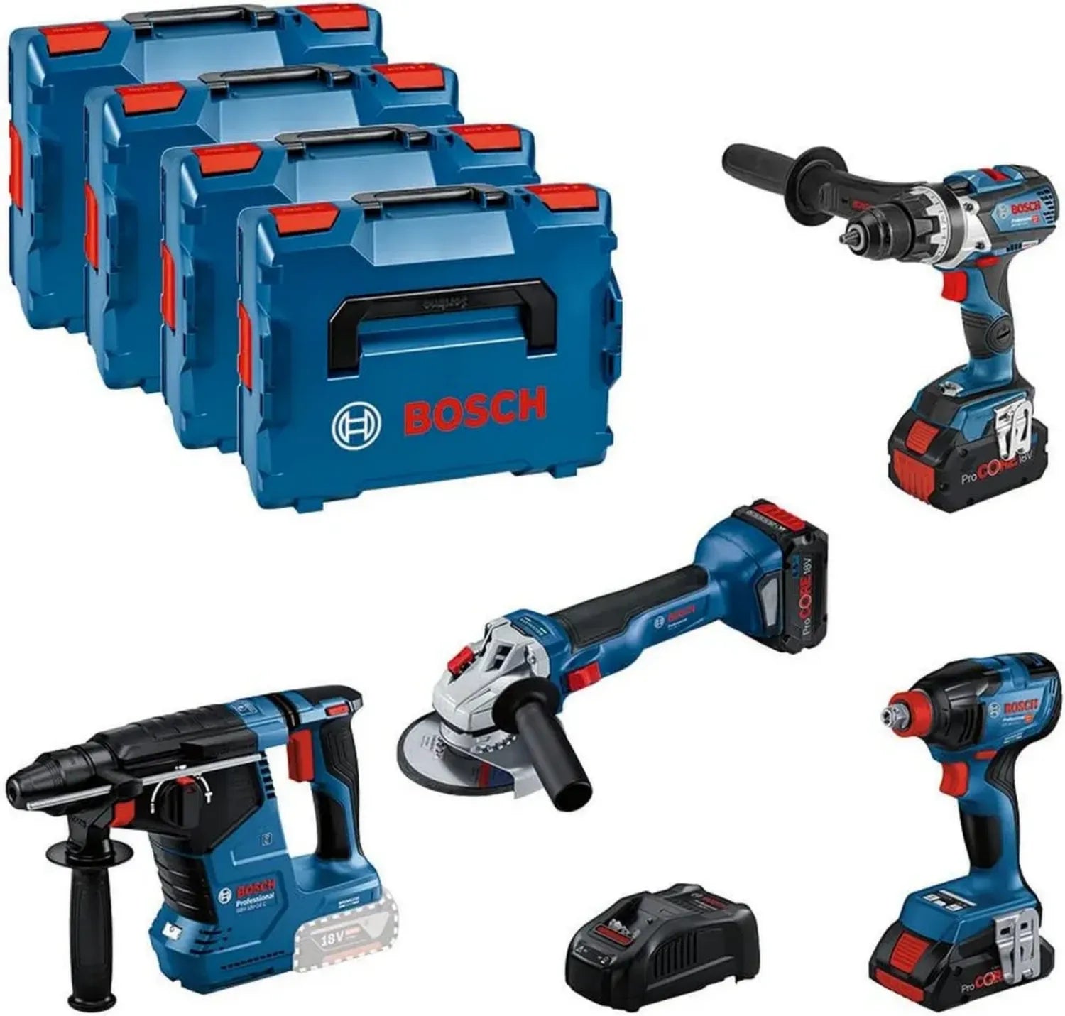 Bosch 18V Akku-Set: Bohrschrauber, Schlagbohrschrauber, Winkelschleifer, Bohrhammer mit ProCORE Akkus