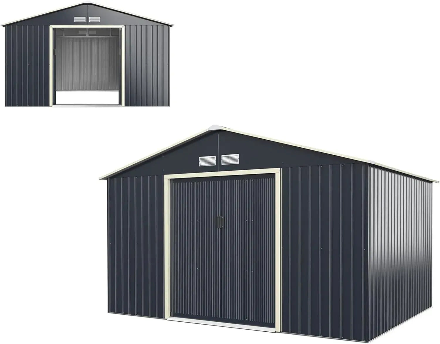 Metall Gerätehaus mit Satteldach, Lüftungsfenstern und Doppelschiebetür, wetterfest für den Outdoor-Gebrauch, Grau (340x255x210 cm)