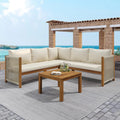 5-Personen Gartenset mit Ecksofa und Couchtisch, Akazienholz & Seilgeflecht, Beige