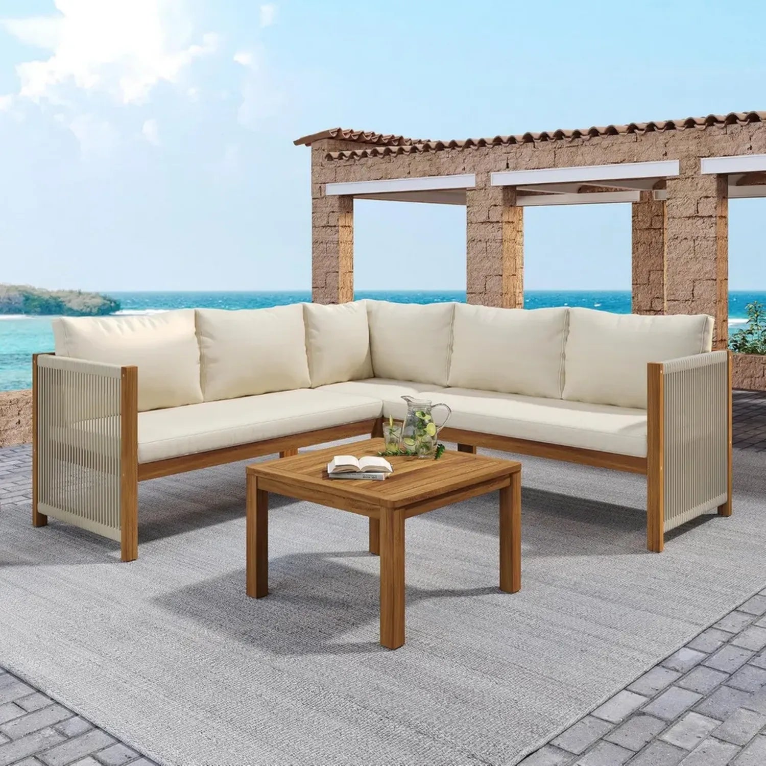 5-Personen Gartenset mit Ecksofa und Couchtisch, Akazienholz & Seilgeflecht, Beige