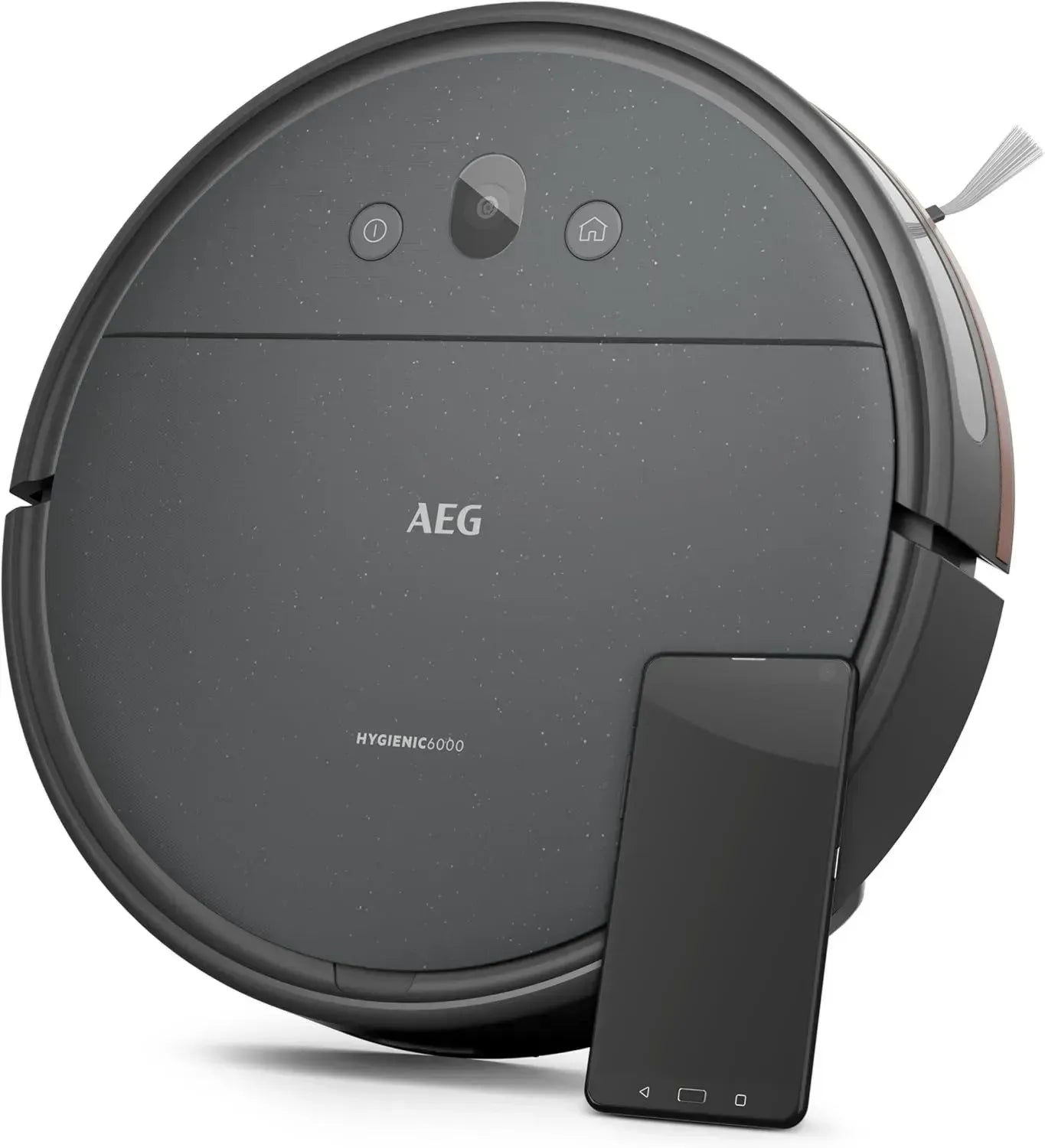 AEG Saugroboter mit Kamera, 14,4 V Lithium-Akku, 120 min Laufzeit, 0,25 l Wassertank, App-Steuerung, motorisierte Bürsten, Ladestation, Grau