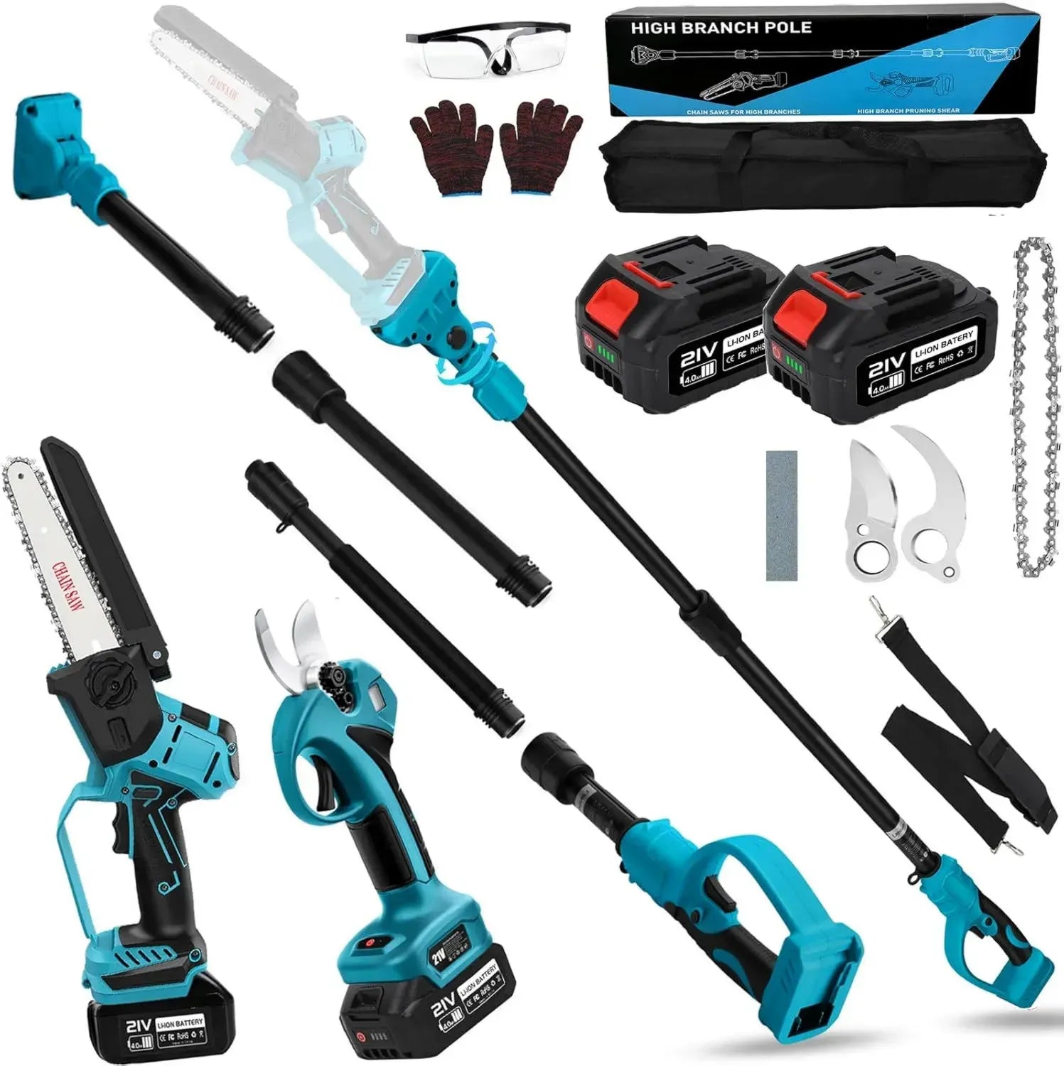 Multifunktionale 4-in-1 Akku-Gartengerät: Hochentaster, 6-Zoll Mini-Kettensäge, Elektrische Astschere, Teleskop-Astsäge - Mit 2x 4000mAh Akkus und Ladegerät