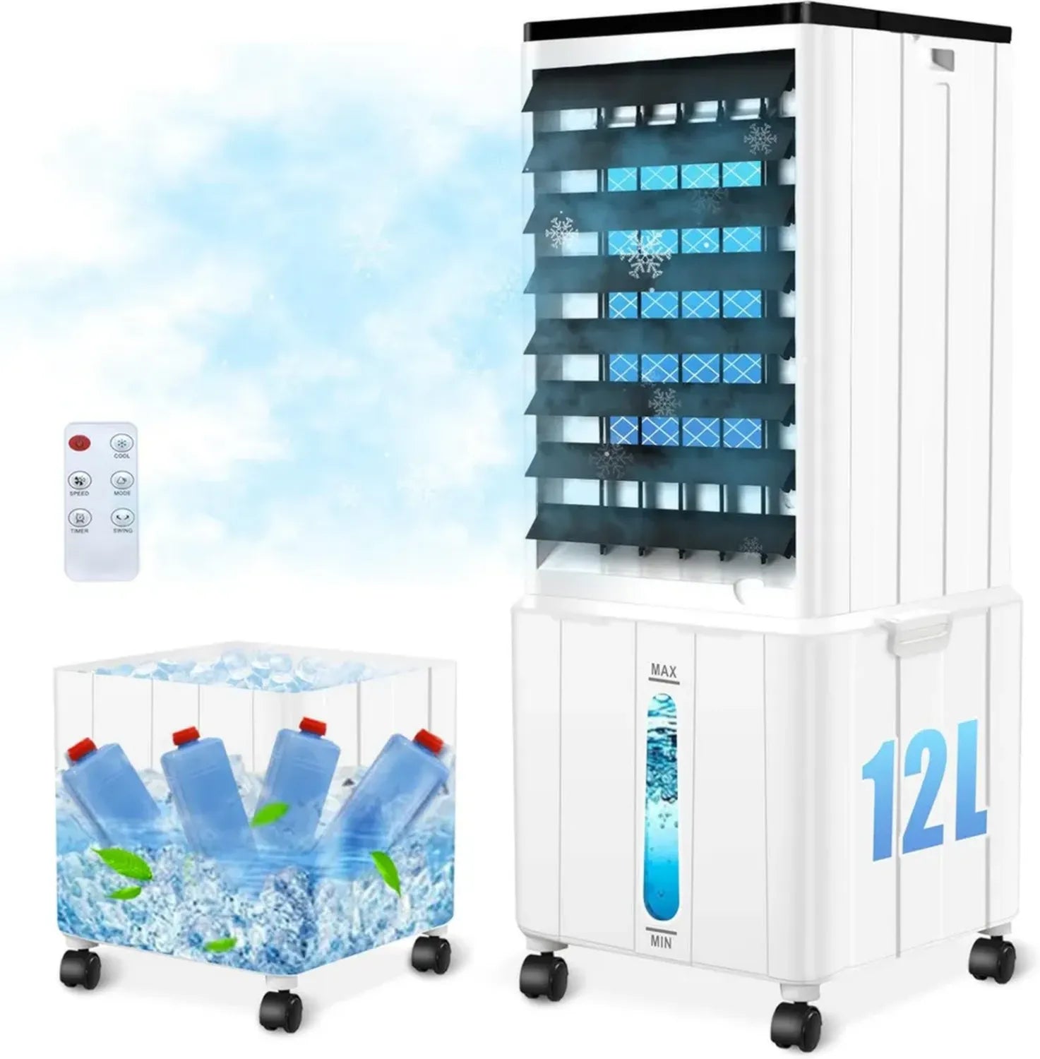 Mobiles Klimagerät 12L, 60W mit Timer und Fernbedienung, 3 Modi, Leiser Luftkühler 40dB, Oszillation 120°, Abnehmbarer Wassertank, Ideal für Zuhause und Büro