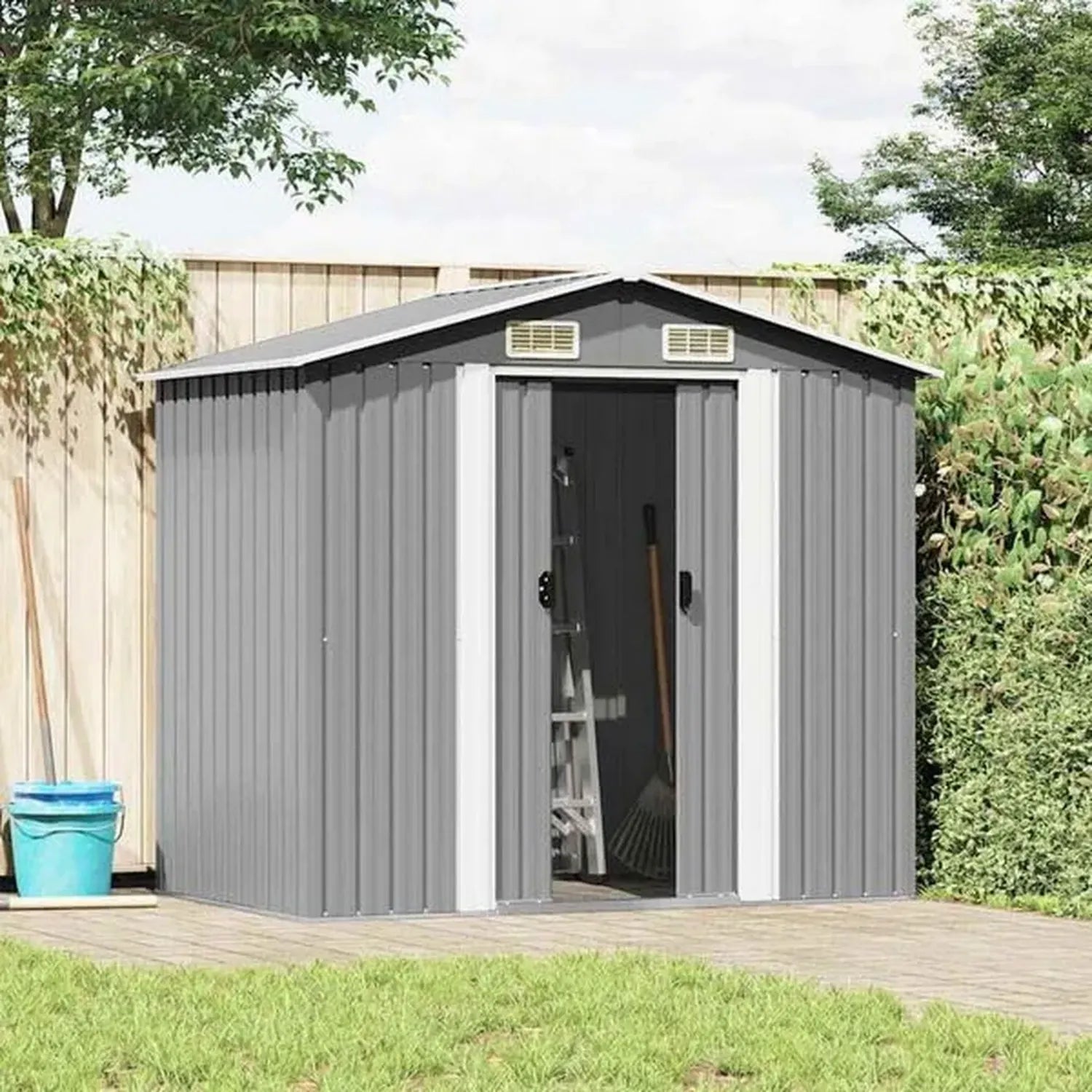 Metall-Gartenhaus Grau 204x132x186 cm mit Belüftung und Boden für Werkzeugaufbewahrung
