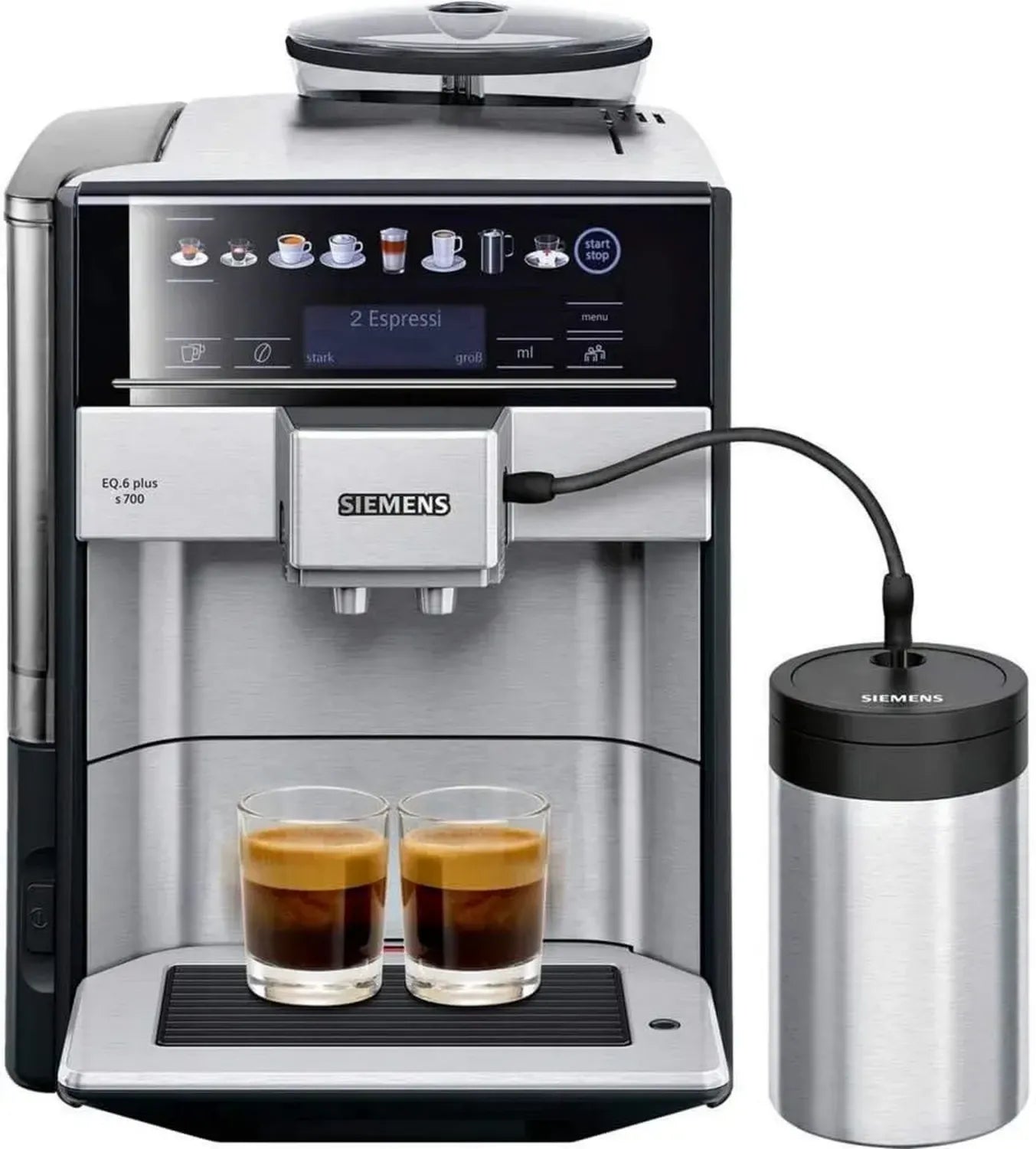 SIEMENS Kaffeevollautomat EQ6 Plus S700, vielseitige Kaffeespezialitäten, Milchschaumdüse, Keramikmahlwerk, Doppeltassenmodus, Kalkschutz, Dampfreinigung, 1500 W, Edelstahl
