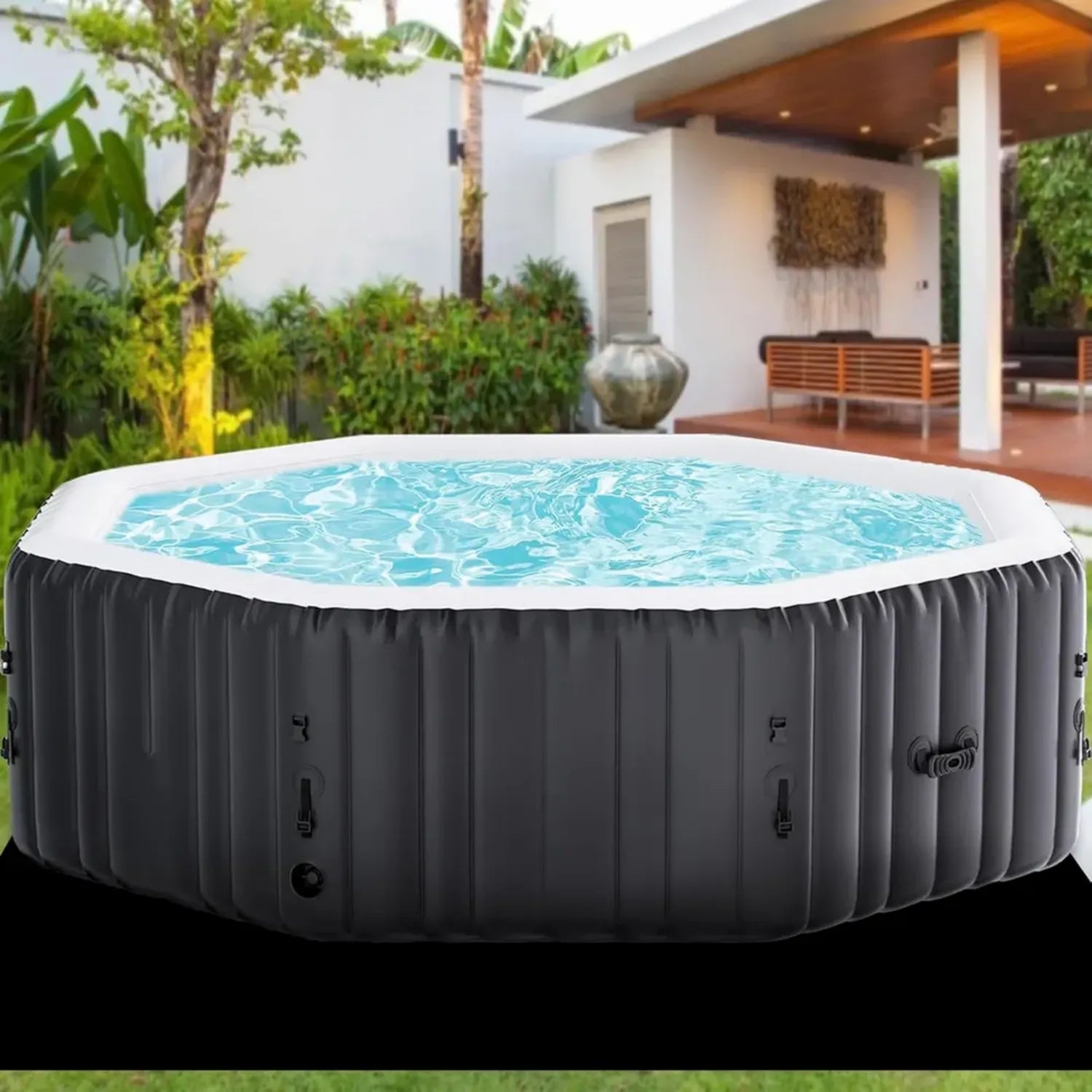 Aufblasbarer Whirlpool für 4-6 Personen mit Jacuzzi-Funktion, 195x195x63,5cm, inkl. Abdeckung, Matte und Heizungspumpe
