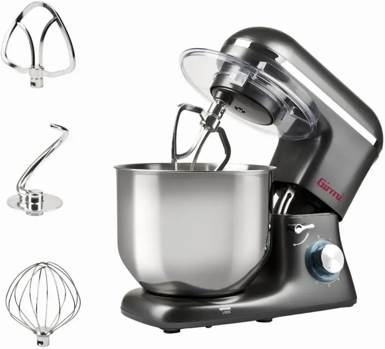Girmi IM46 Küchenmaschine, 1800 W, 8L Behälter, 6 Stufen, Impulsfunktion, Edelstahlschüssel, Sicherheitsfeatures, Zubehör, Anthrazit