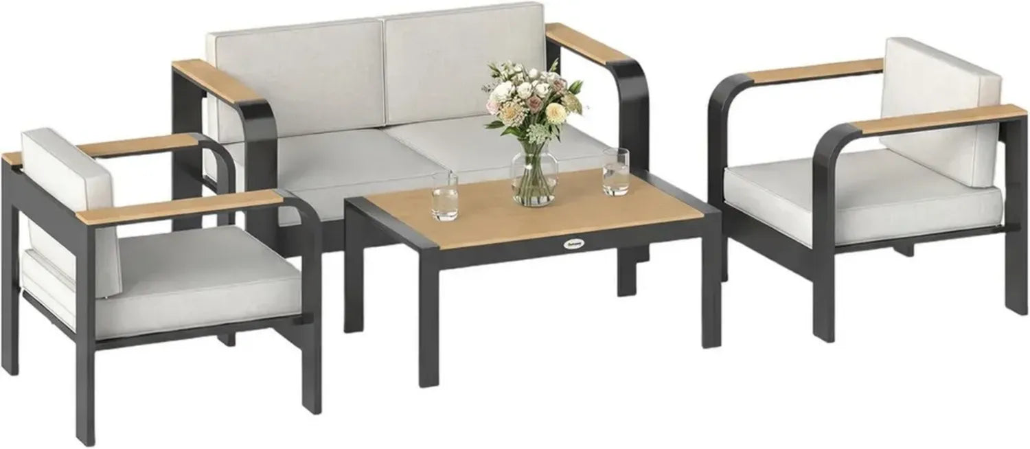 Outsunny Aluminium Gartenmöbel Set für 4 Personen, Wasserabweisend, mit Sofa, Sesseln und Tisch, Beige