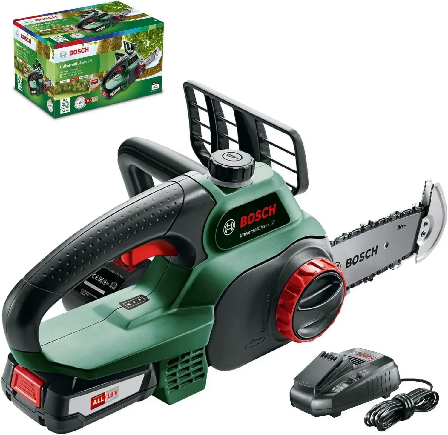 Bosch 18V Akku-Kettensäge UniversalChain mit 200 mm Schwertlänge, 2,5 Ah Akku und SDS-System
