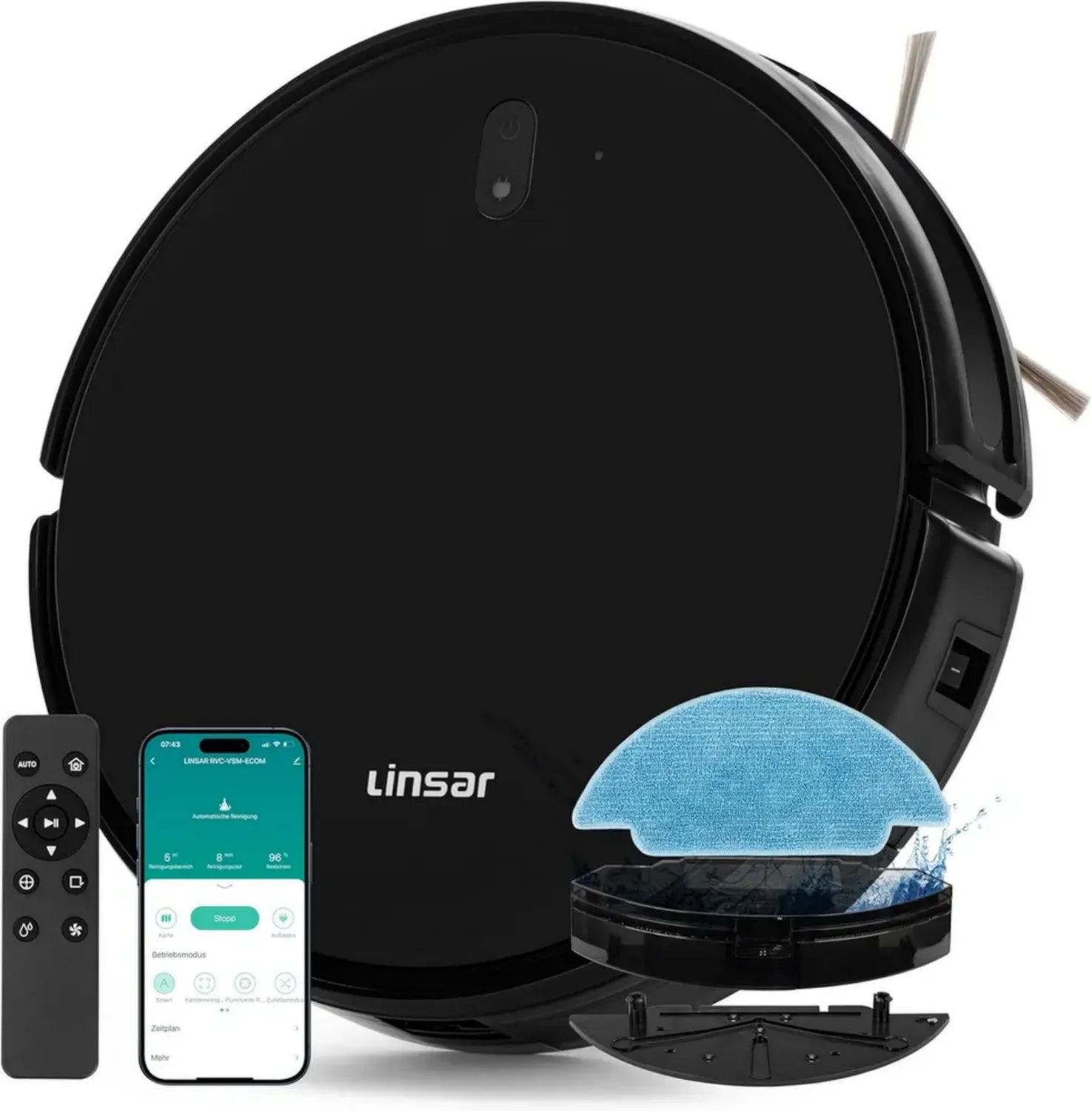 Intelligenter Saug- und Wischroboter mit App-Steuerung, 120 Min Laufzeit, für Teppiche, Tierhaare und Hartböden, inklusive Ladestation und Fernbedienung
