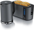 Arendo Edelstahl Wasserkocher und Toaster Set, Cool Grey, 1,5L, 40-100°C Warmhaltefunktion, 4-Scheiben-Toaster mit LED-Display und 6 Bräunungsstufen